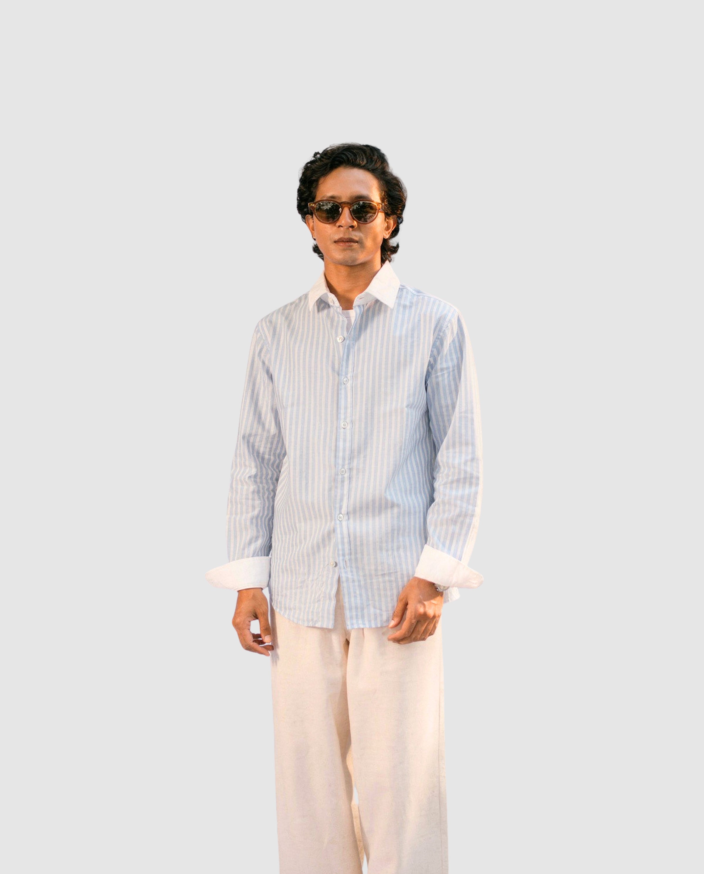 Striped Light Blue Contrast Collar Shirt