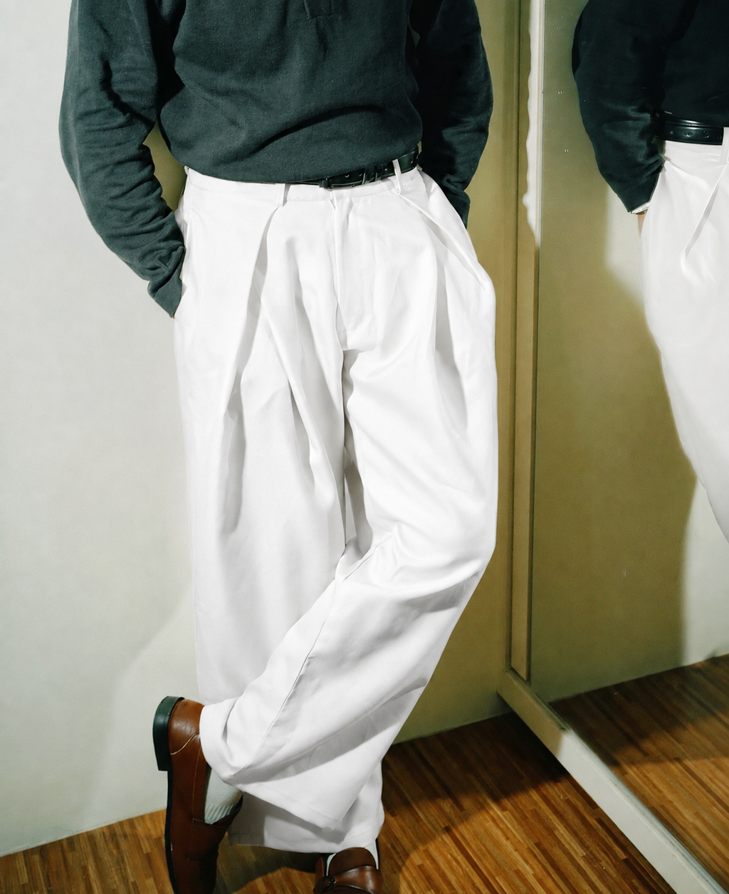 Unisex Prestige Pleated Pinstripe Pant - White