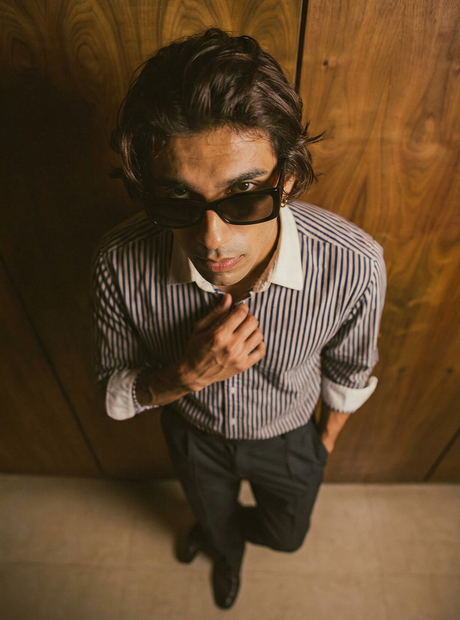 Striped Dark Blue Contrast Collar Shirt - Image 4