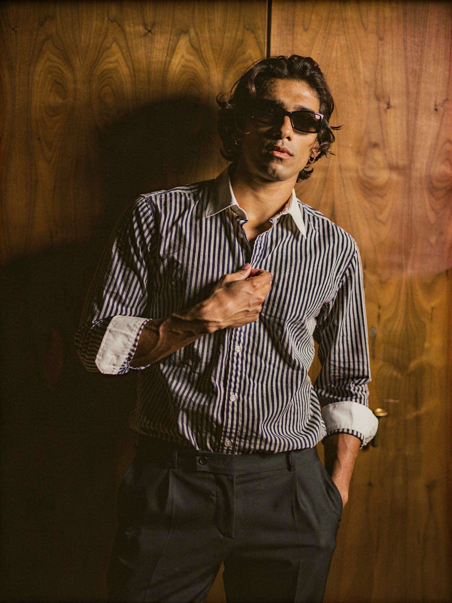 Striped Dark Blue Contrast Collar Shirt