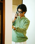 Sage Green Linen Henley with European Collar
