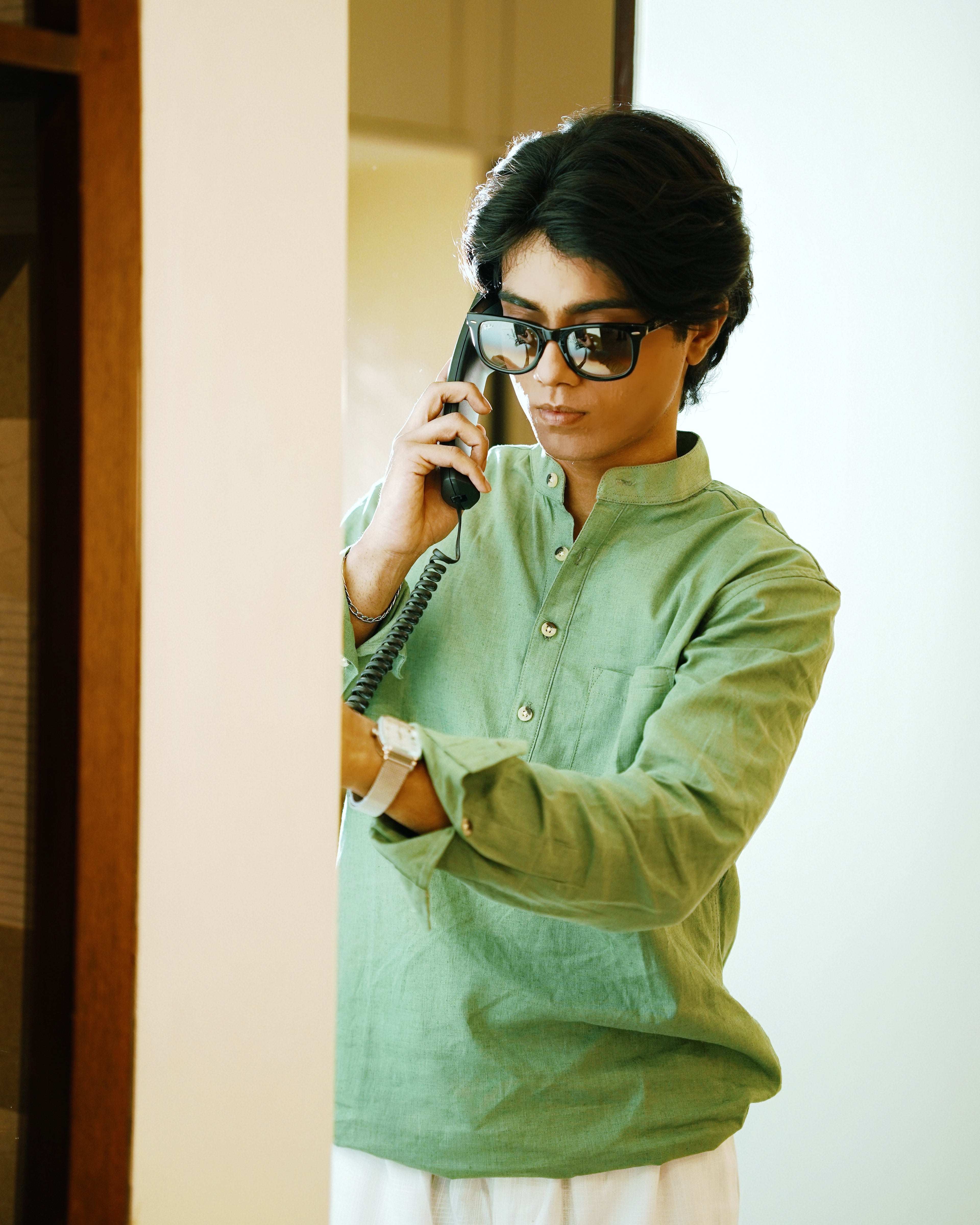 Sage Green Linen Henley with European Collar