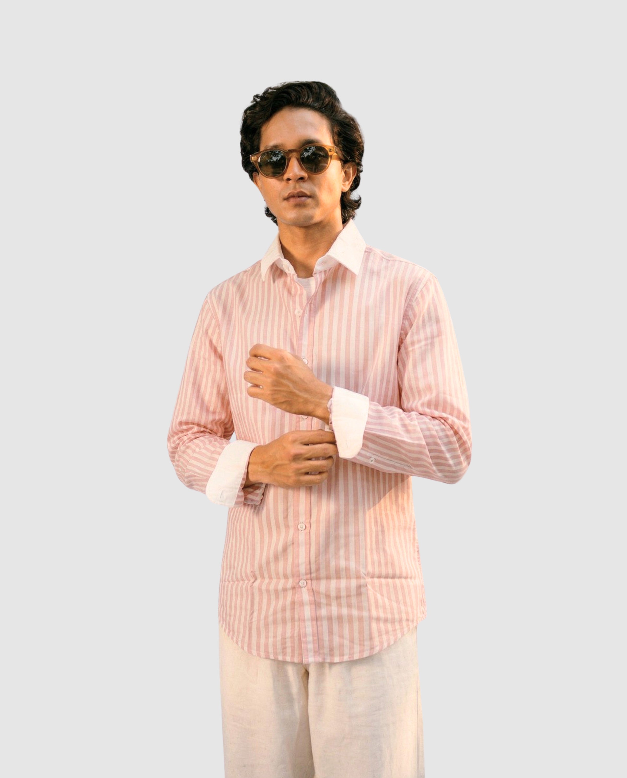 Striped Pink Contrast Collar Shirt