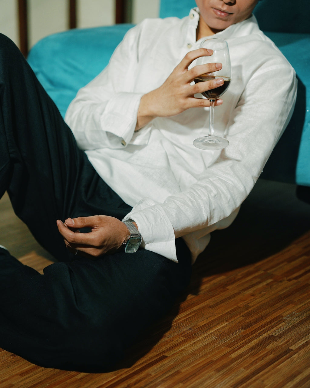White Linen Henley with European Collar