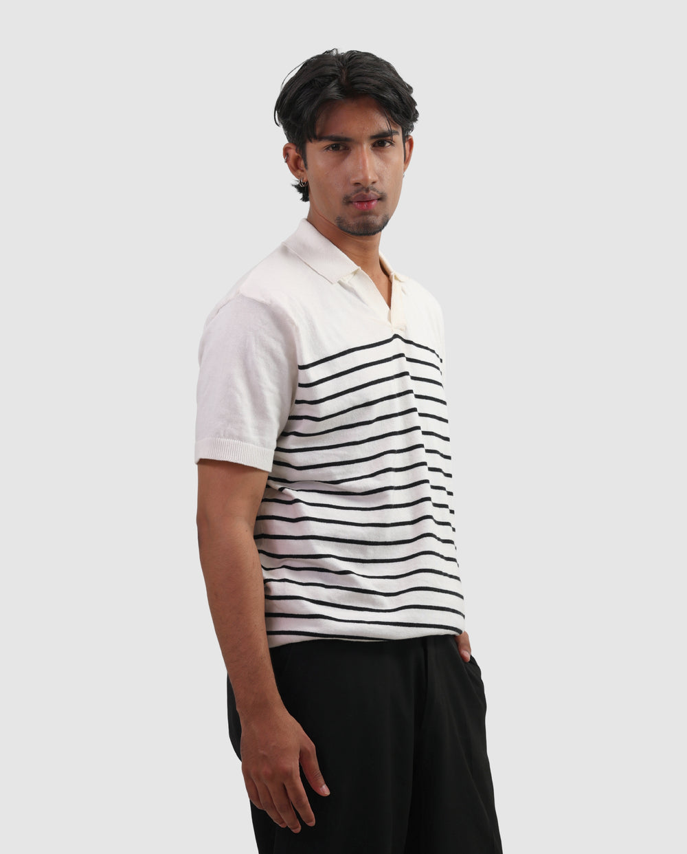 Striped Knit Polo - White