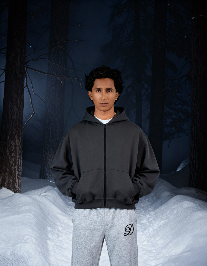 Boxy Fit Oversized Cropped Hoodie - Charcoal Grey