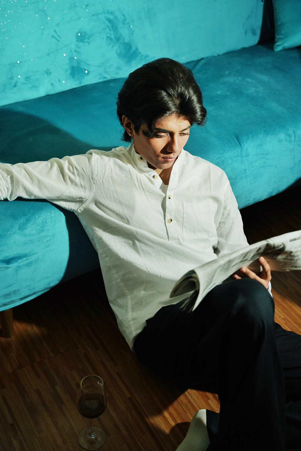 White Linen Henley with European Collar