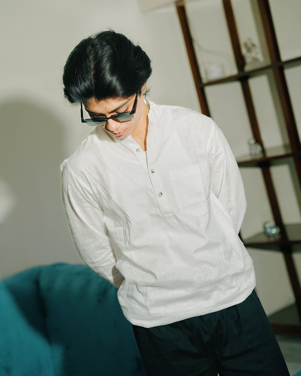 White Linen Henley with European Collar