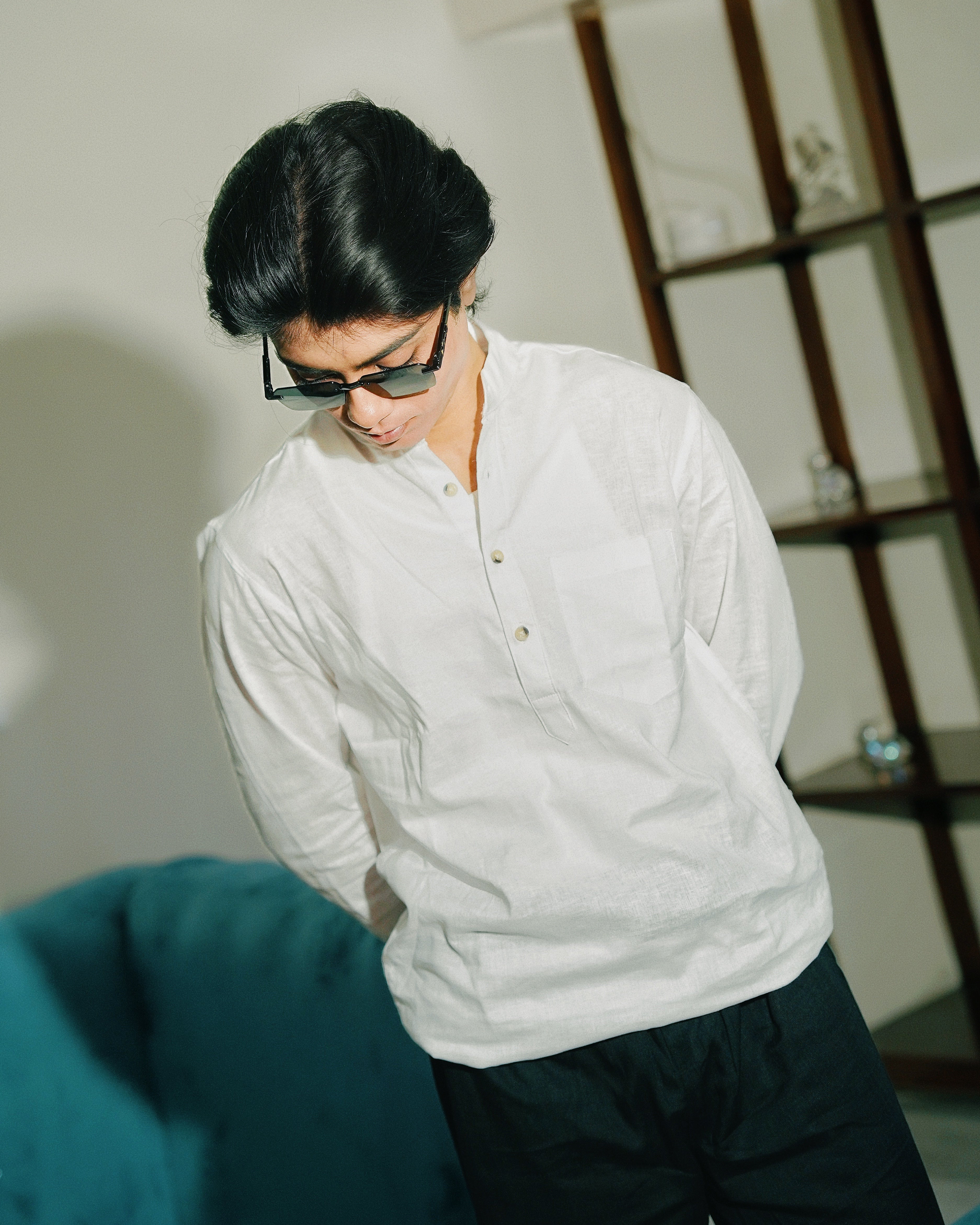 White Linen Henley with European Collar