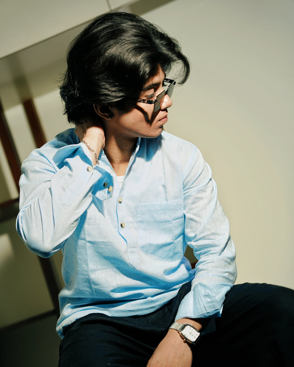 Light Blue Linen Henley Shirt Shirt with European Collar