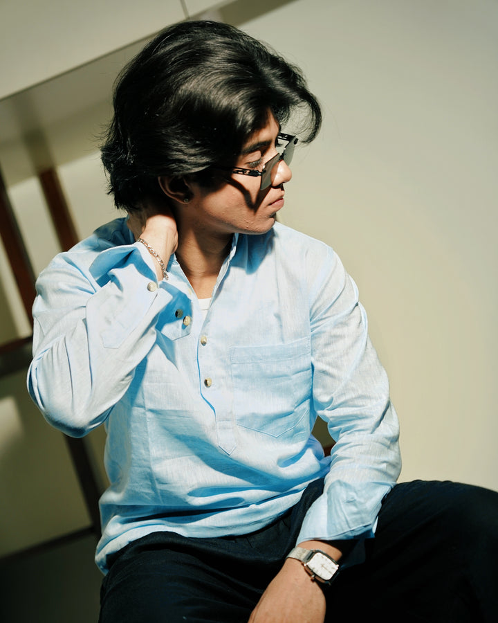 Light Blue Linen Henley Shirt Shirt with European Collar