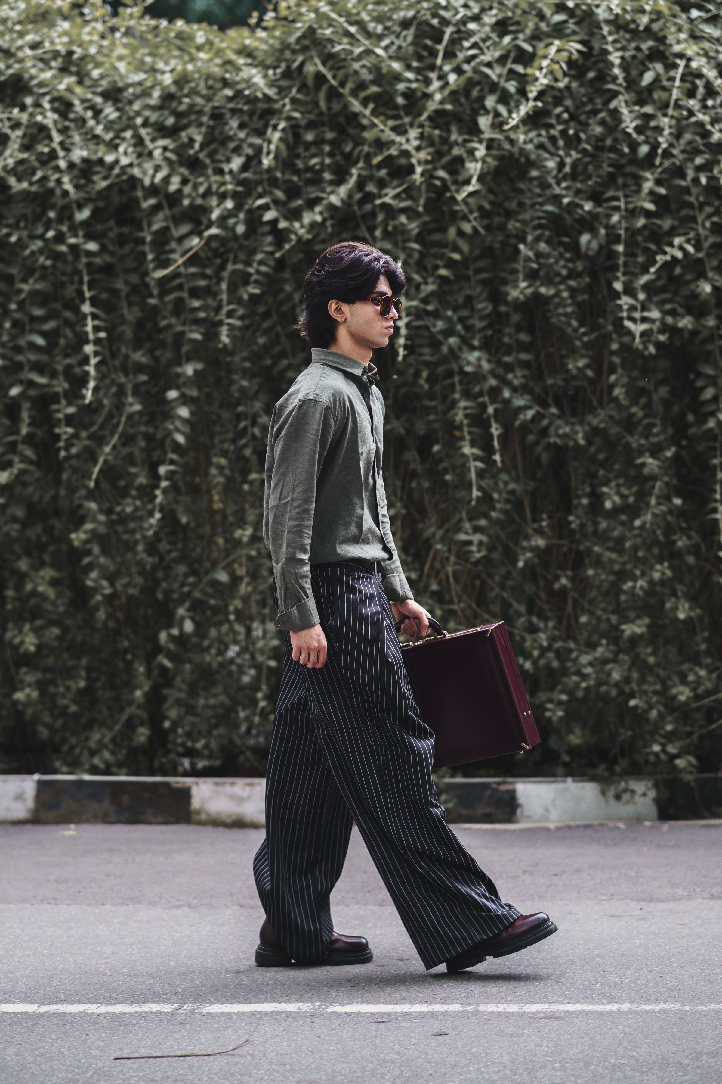 Olive Green Linen Shirt with European Collar
