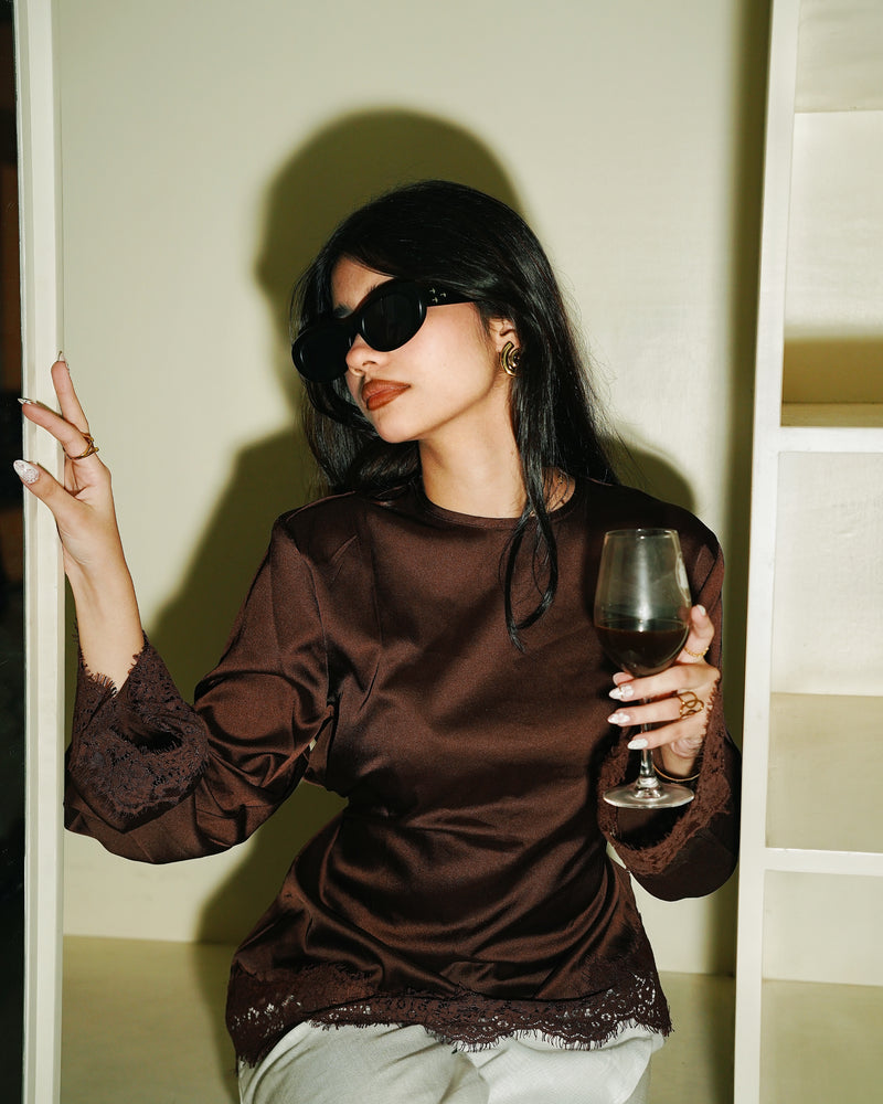 Women’s Satin Laced Top - Brown