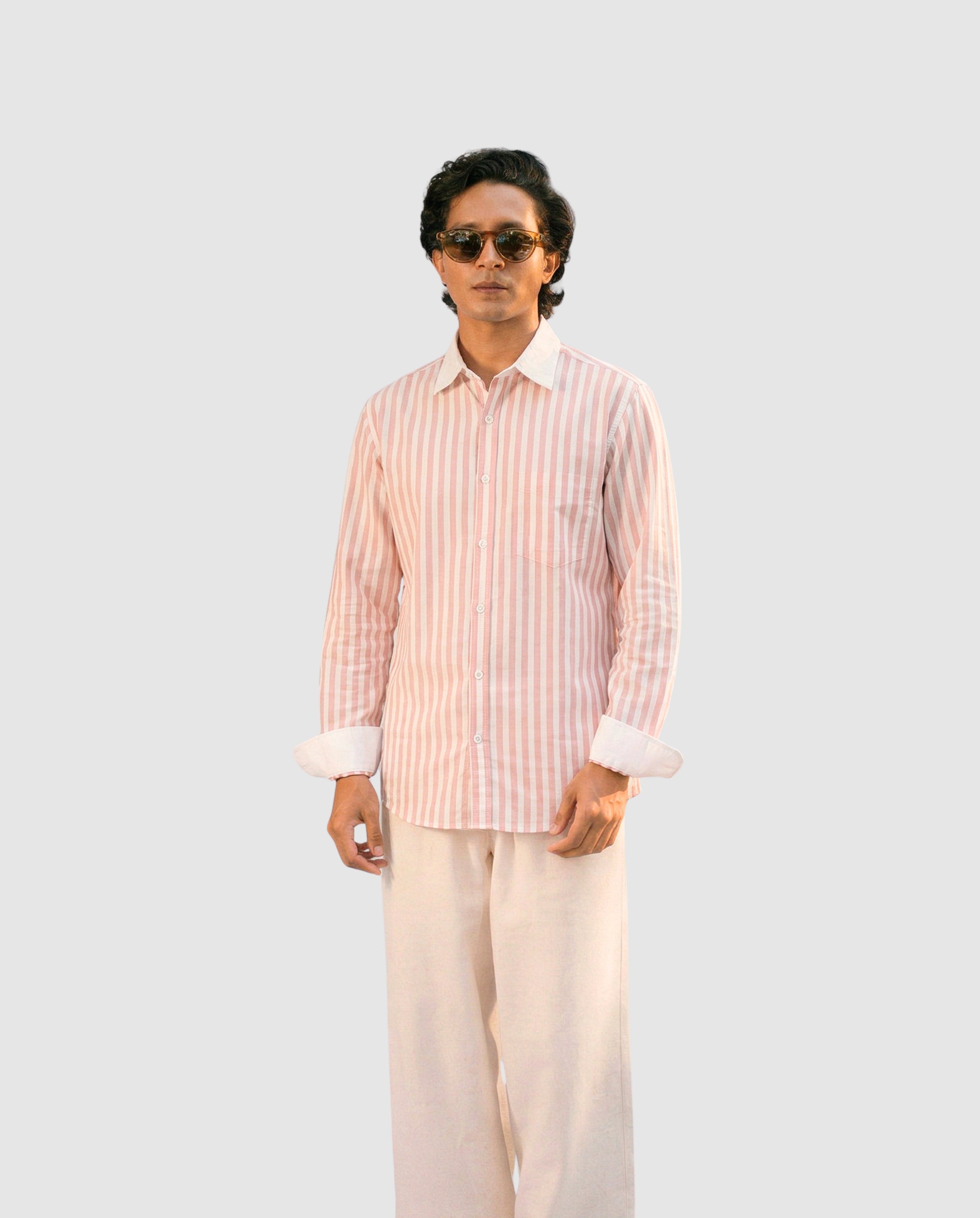 Striped Pink Contrast Collar Shirt