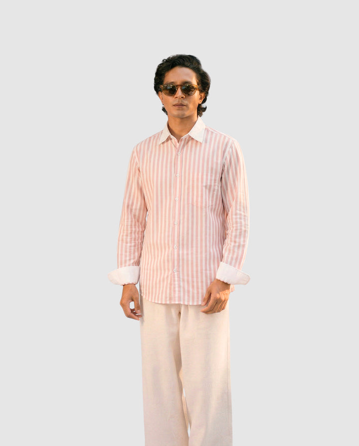 Striped Pink Contrast Collar Shirt