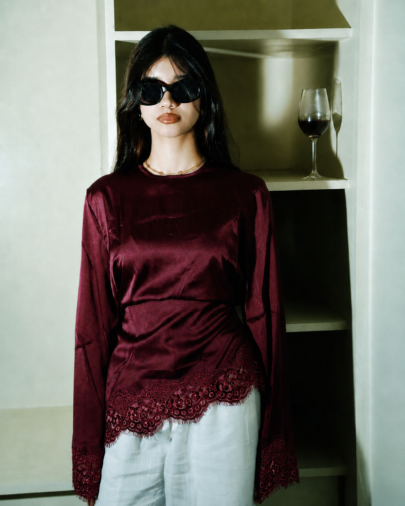 Women’s Satin Laced Top - Wine Red
