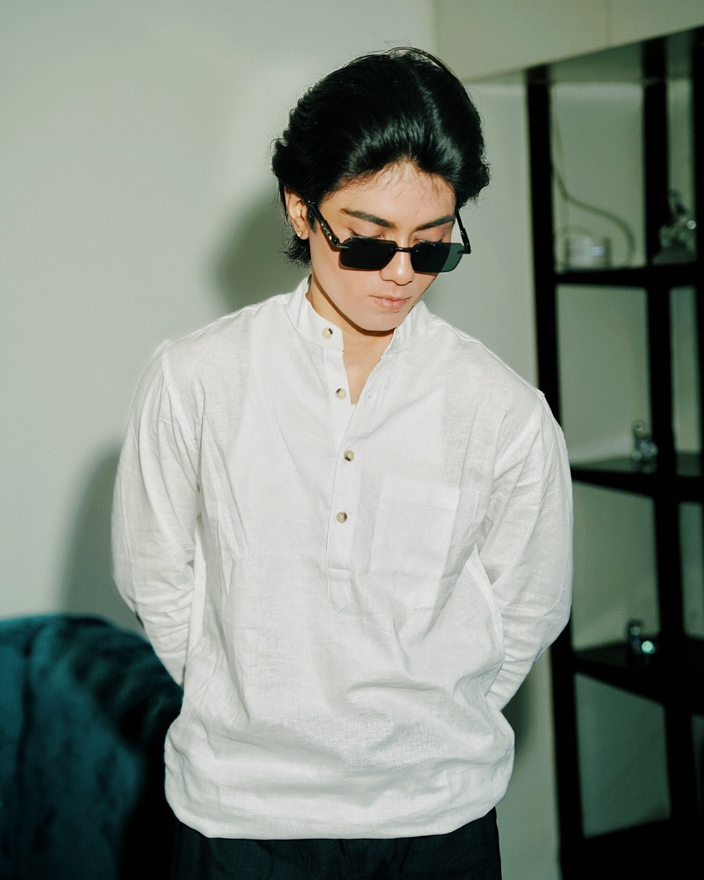 White Linen Henley with European Collar