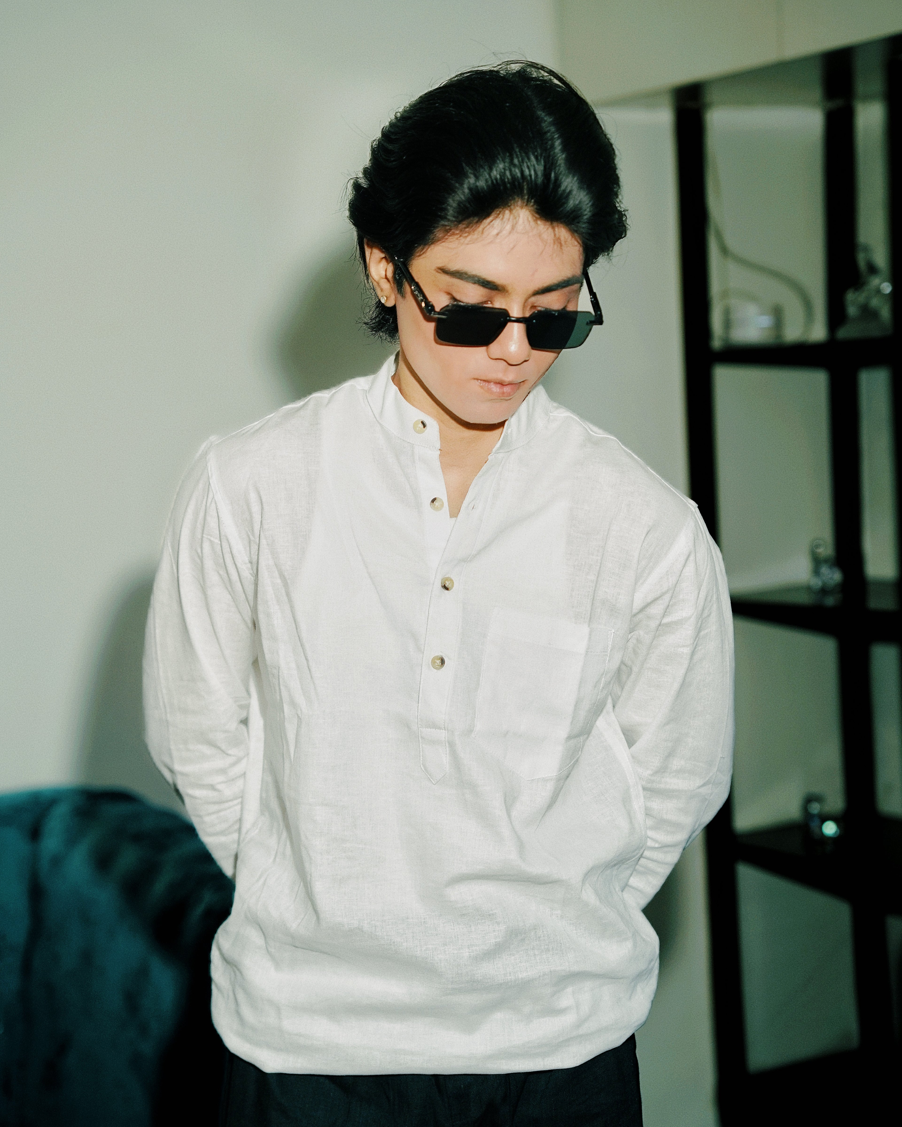 White Linen Henley with European Collar