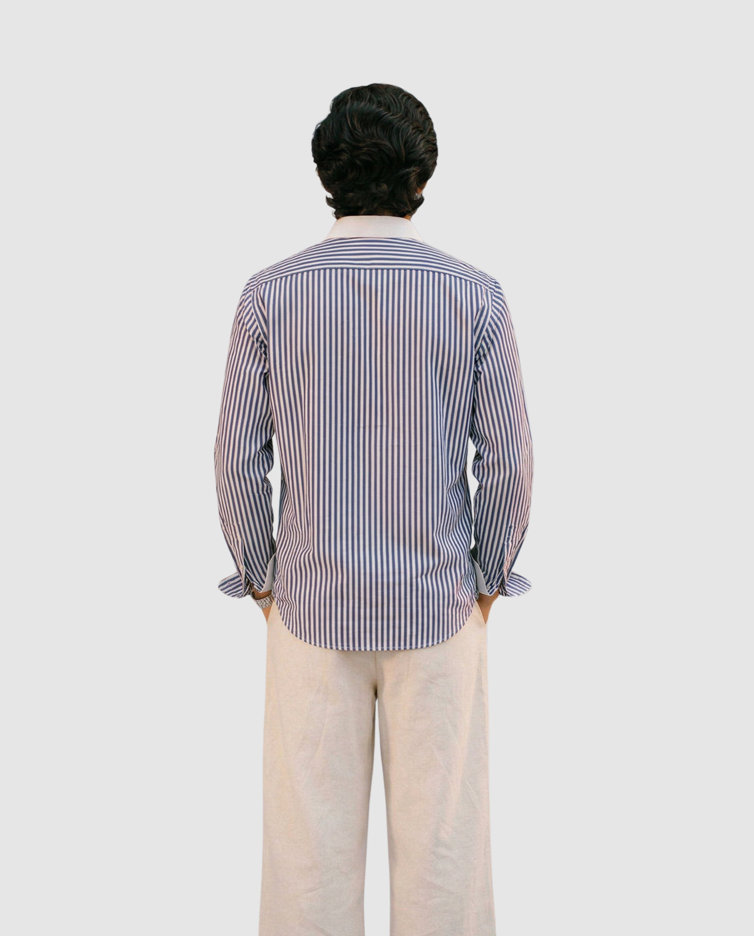 Striped Dark Blue Contrast Collar Shirt