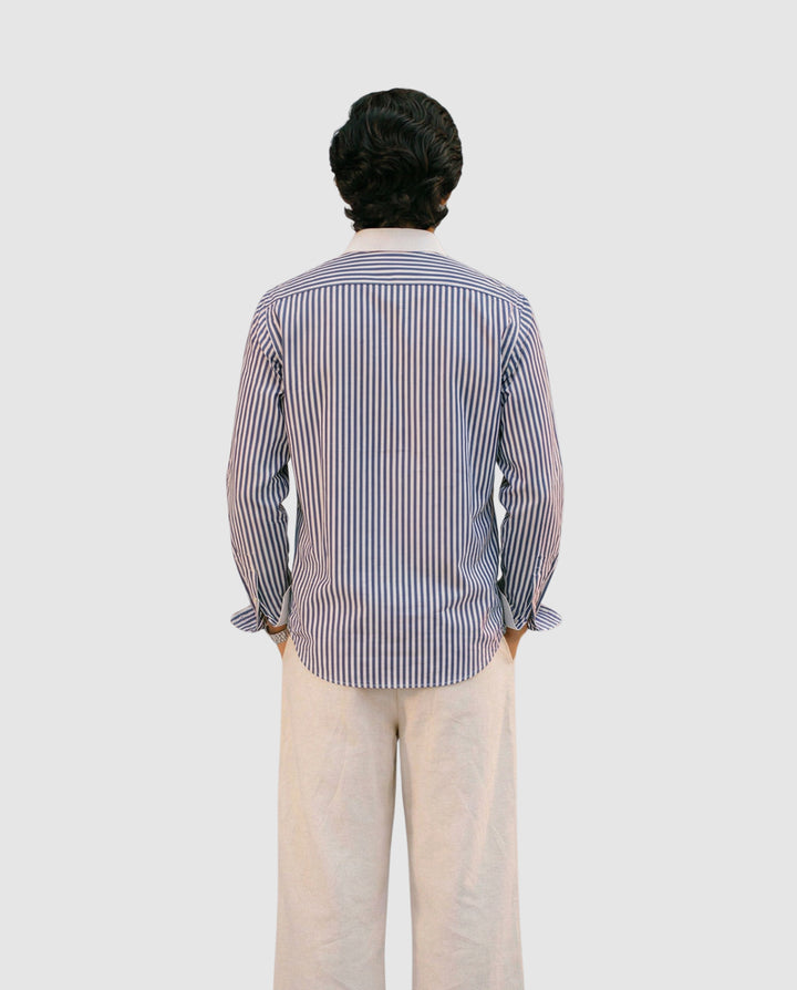 Striped Dark Blue Contrast Collar Shirt