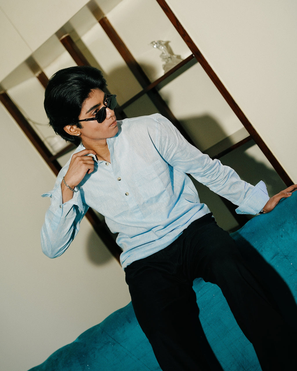 Light Blue Linen Henley Shirt Shirt with European Collar