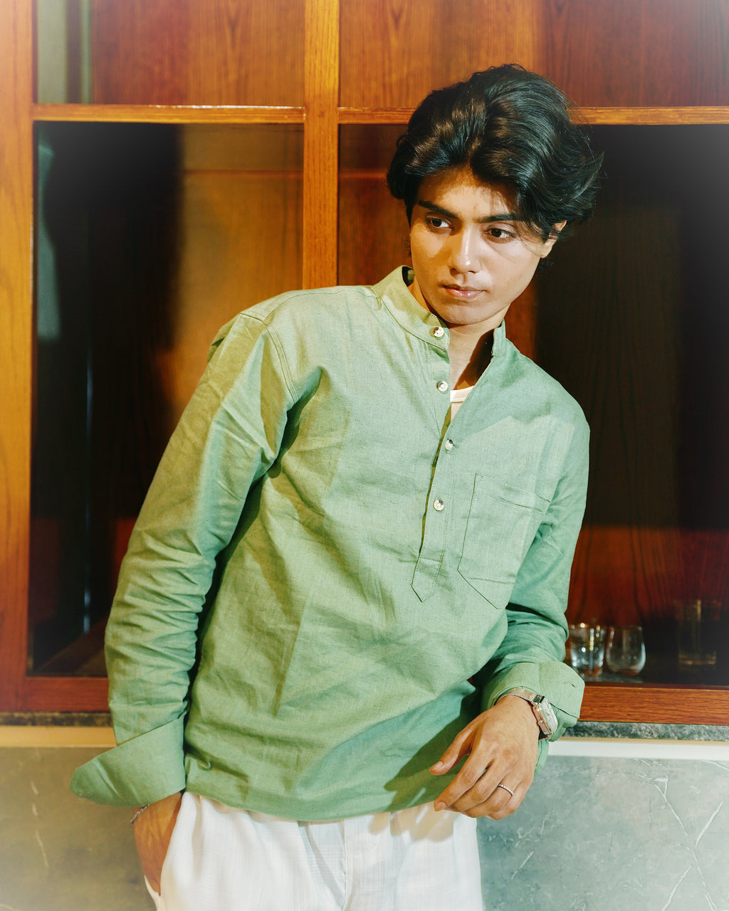 Sage Green Linen Henley with European Collar