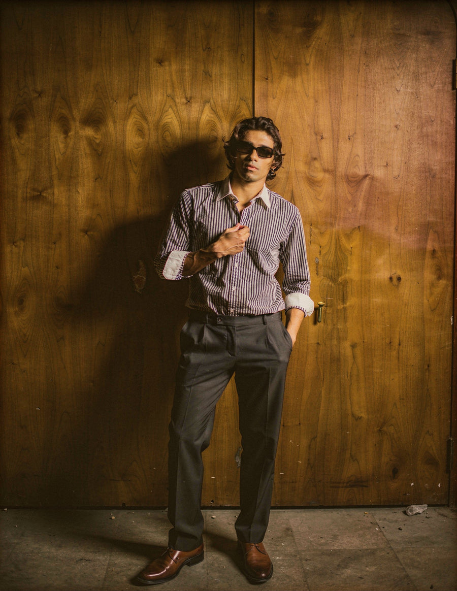 Striped Dark Blue Contrast Collar Shirt - Image 2