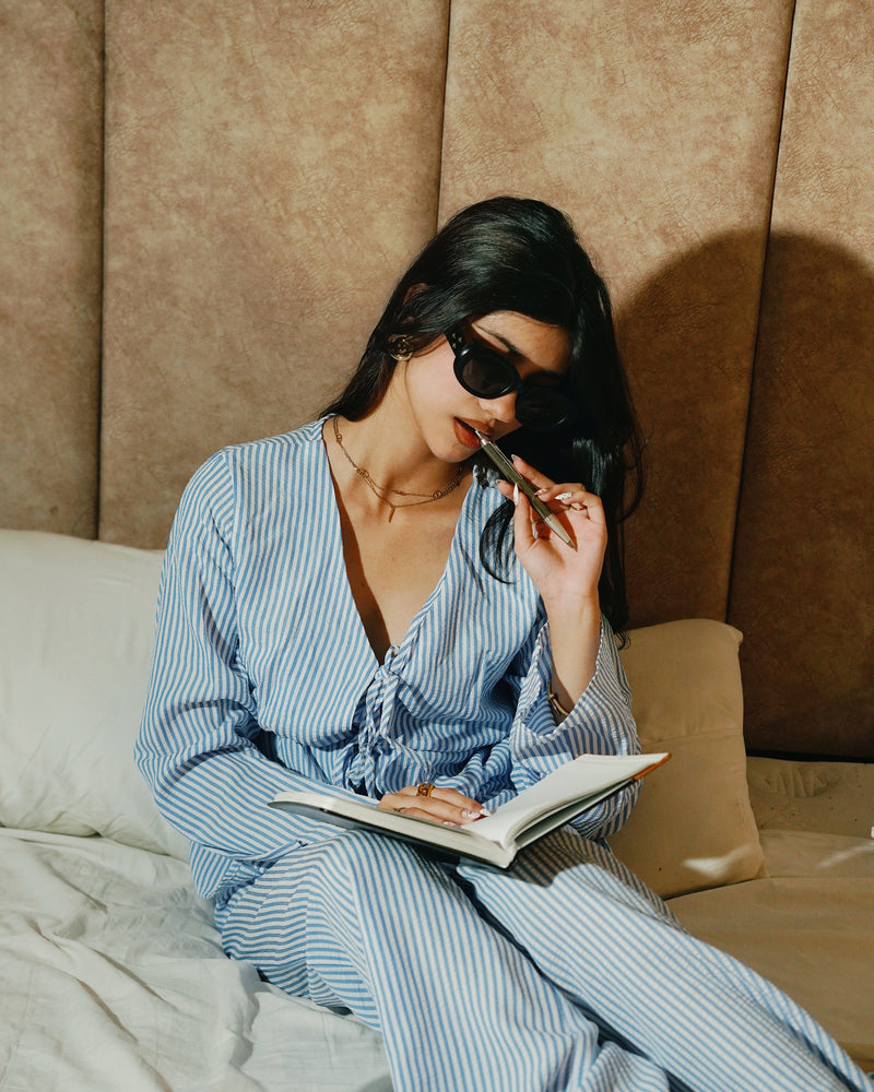Women's Striped Set (Top + Bottom) - Blue