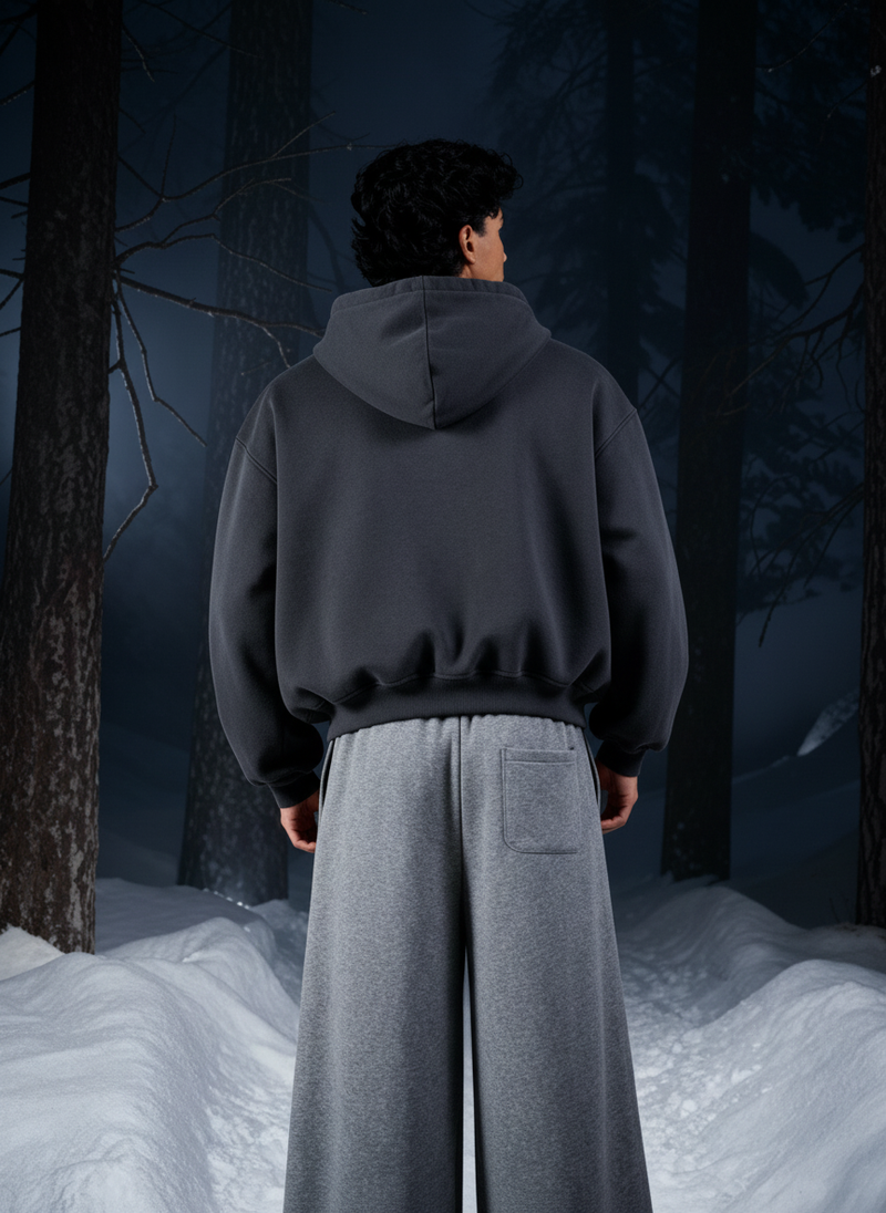 Boxy Fit Oversized Cropped Hoodie - Charcoal Grey
