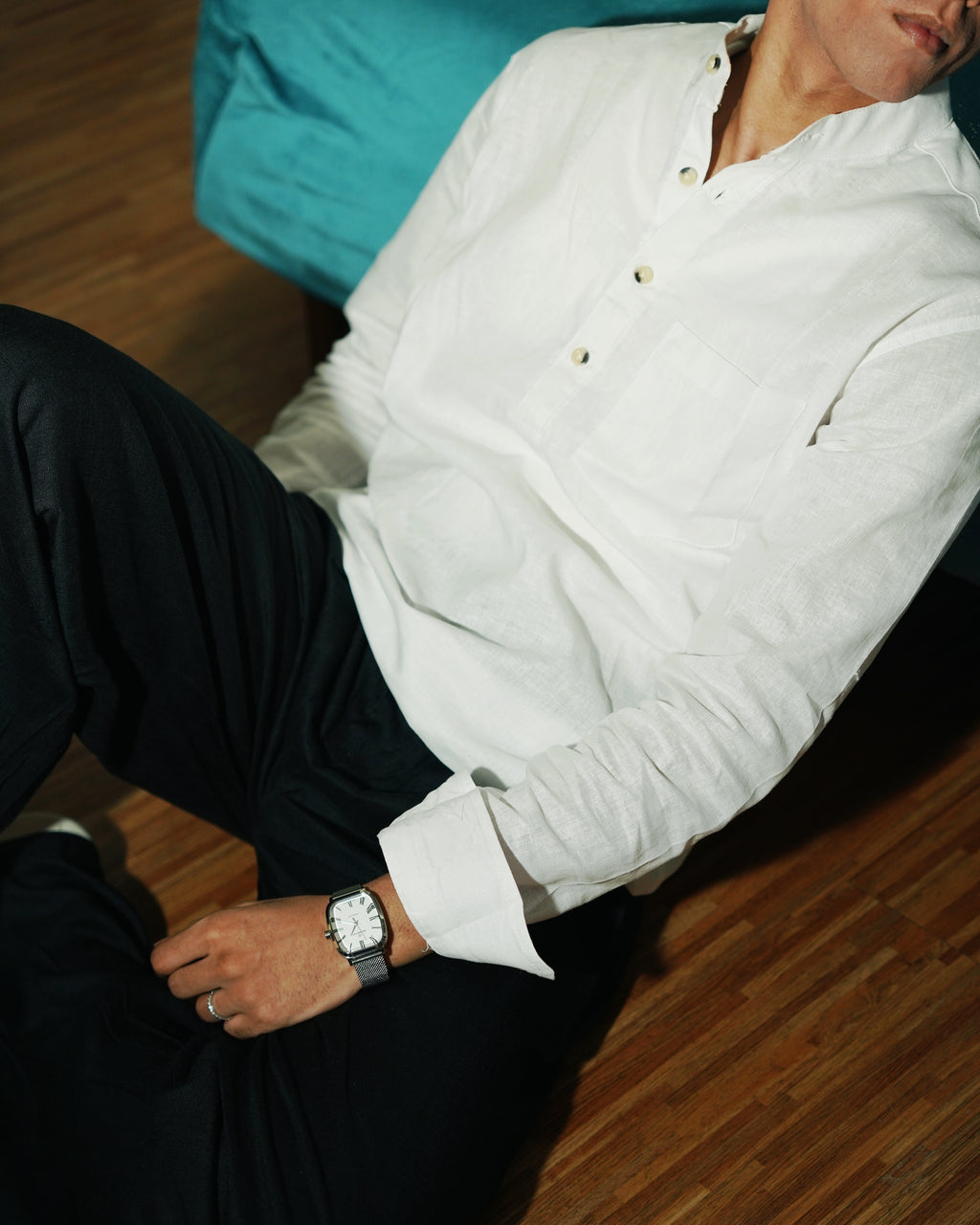 White Linen Henley with European Collar