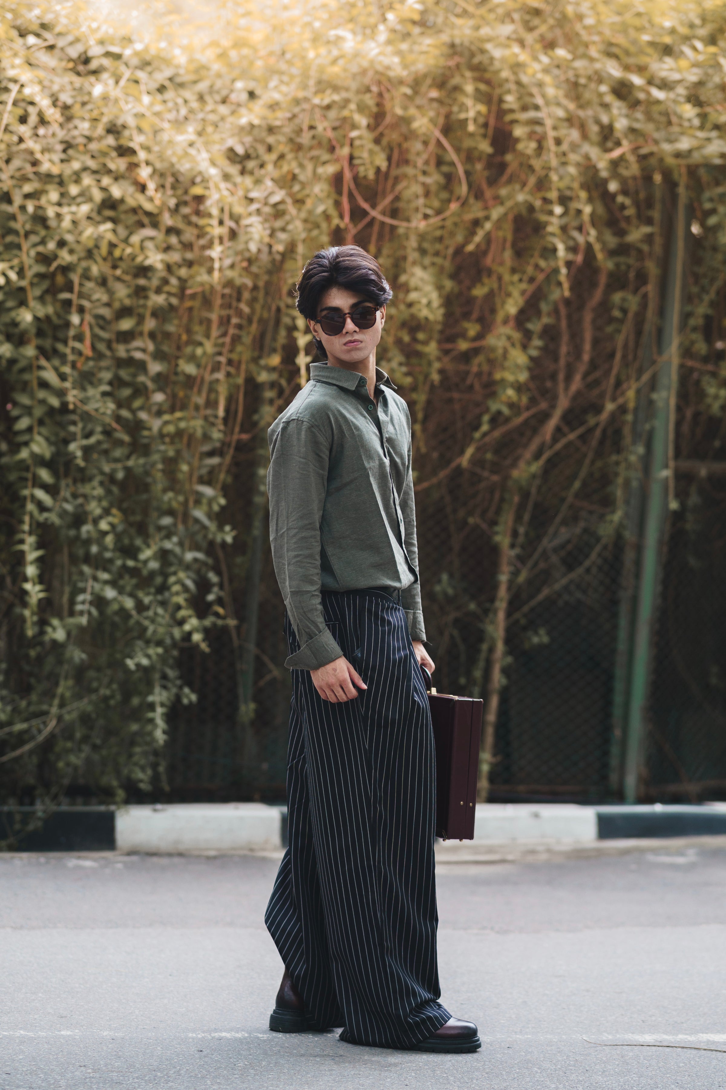 Olive Green Linen Shirt with European Collar