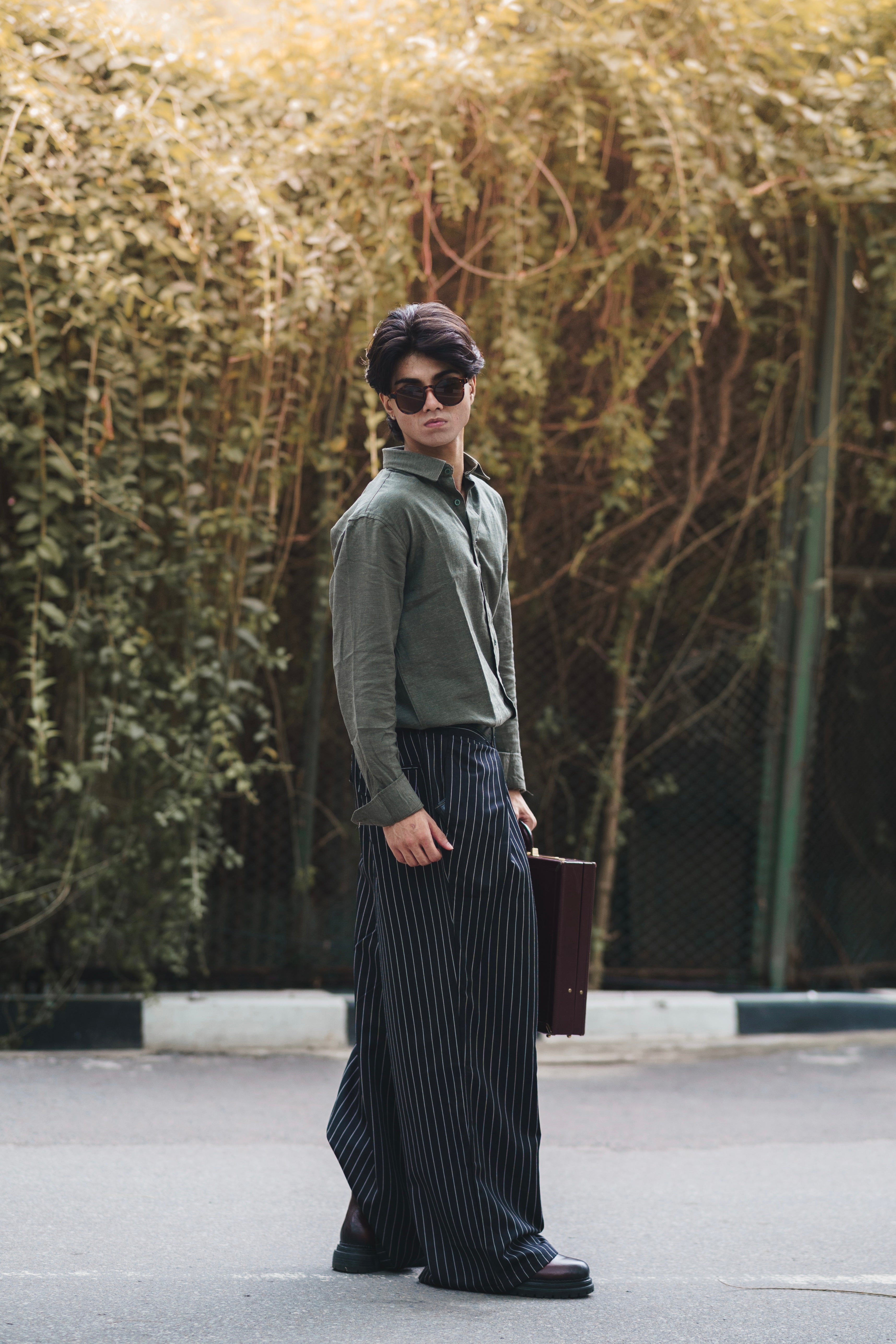 Olive Green Linen Shirt with European Collar