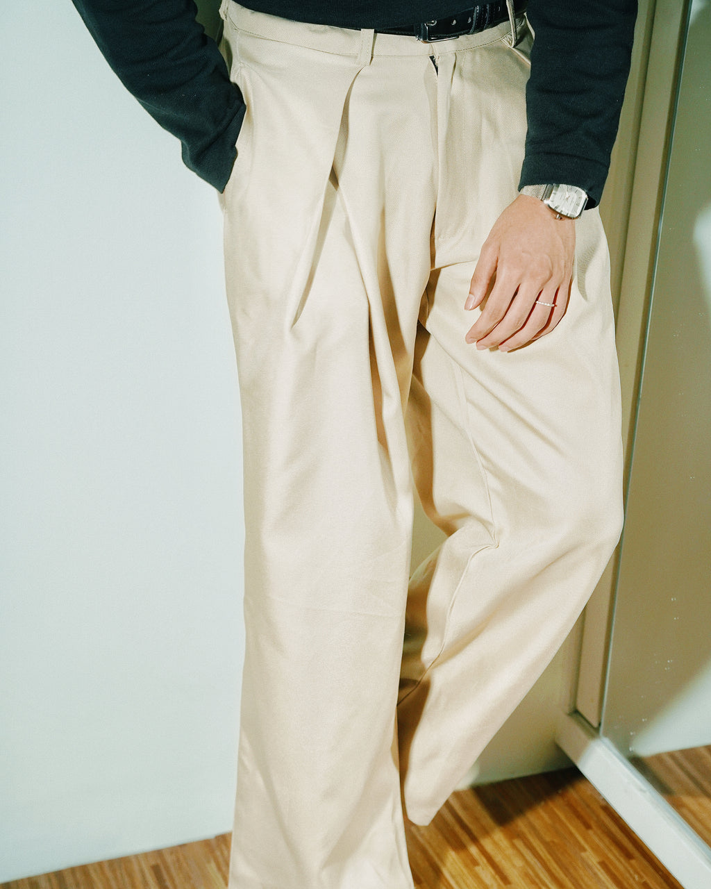 Unisex Prestige Pleated Pinstripe Pant - Beige
