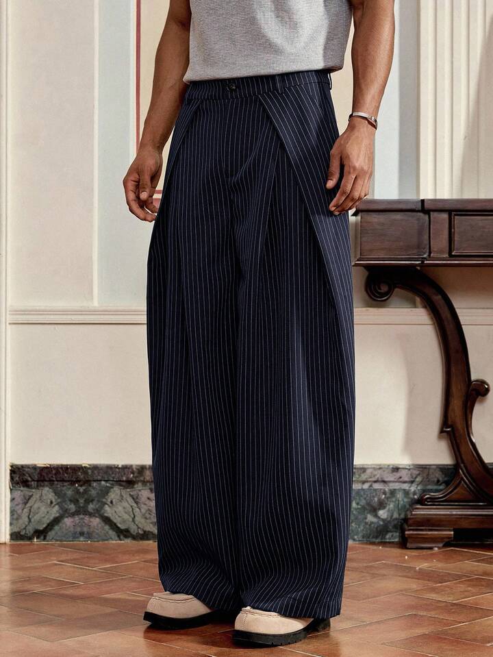 Unisex Prestige Pleated Pinstripe Pant - Striped Navy Blue