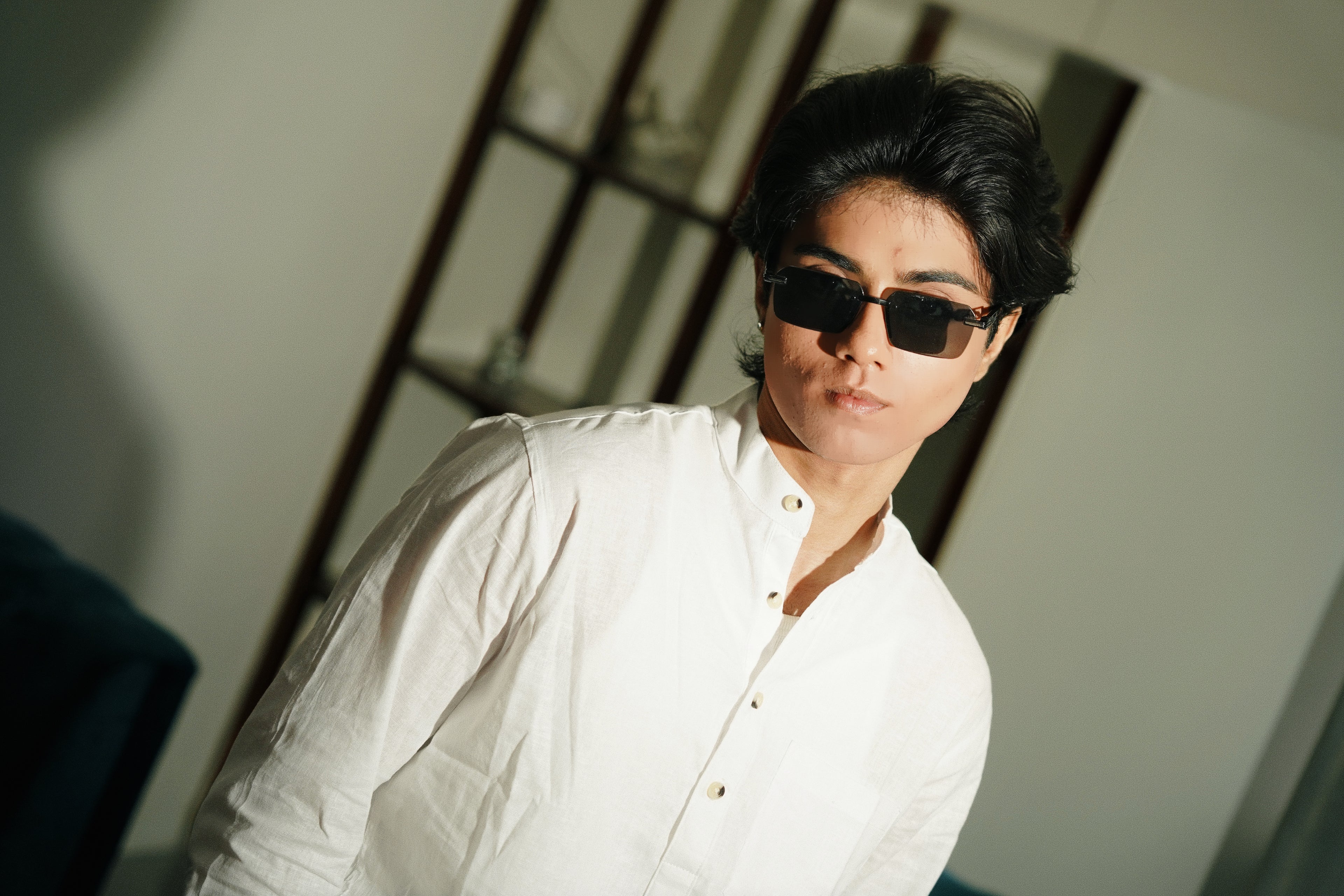 White Linen Henley with European Collar