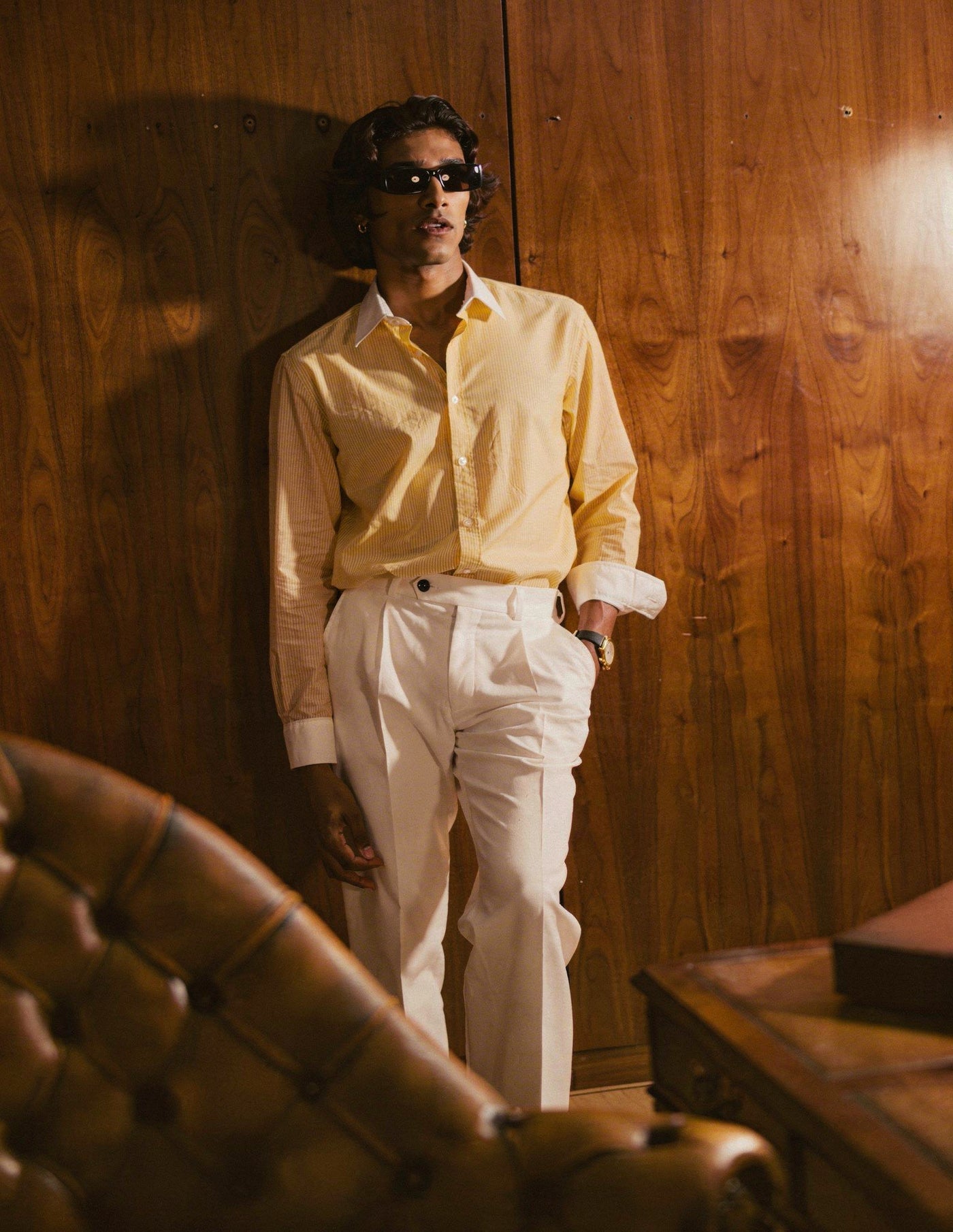 Striped Yellow Contrast Collar Shirt