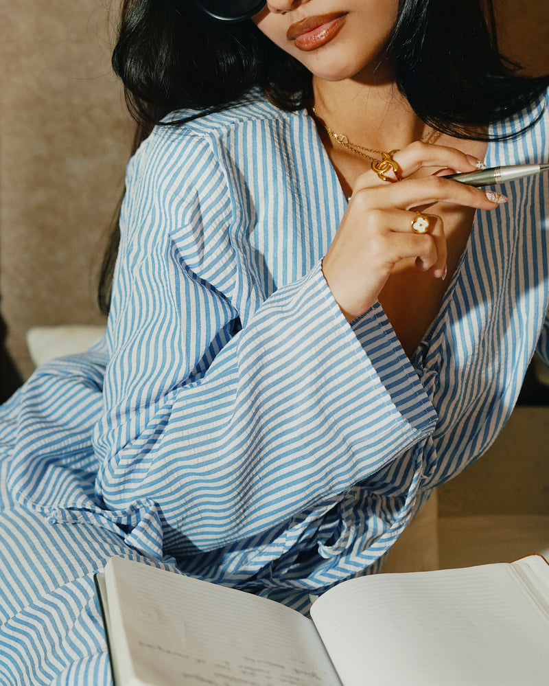 Women's Striped Set (Top + Bottom) - Blue