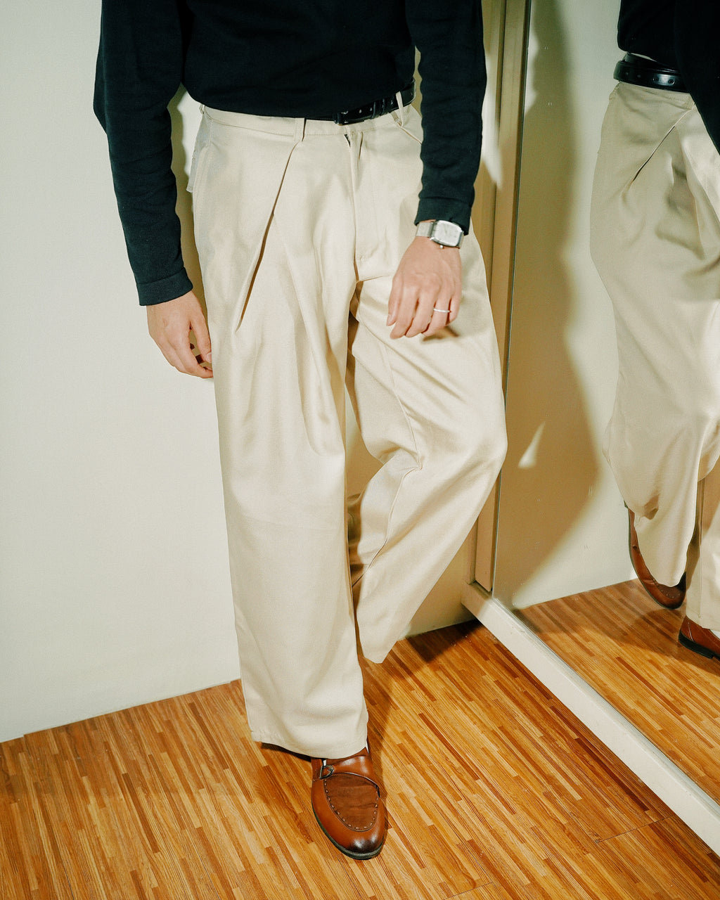 Unisex Prestige Pleated Pinstripe Pant - Beige