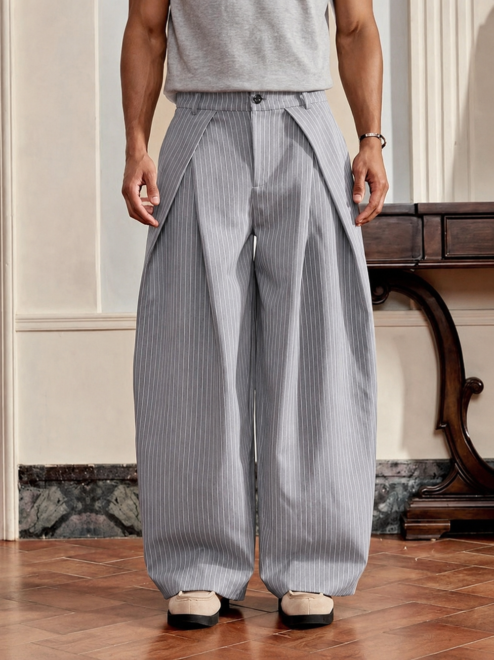 Unisex Prestige Pleated Pinstripe Pant - Striped Grey