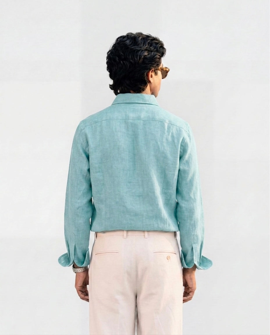 Vivid Blue Linen Shirt with European Collar