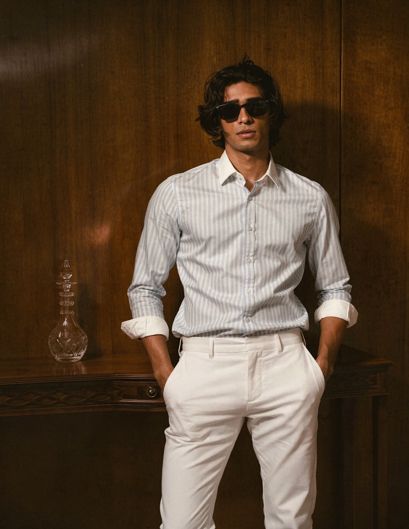 Striped Light Blue Contrast Collar Shirt