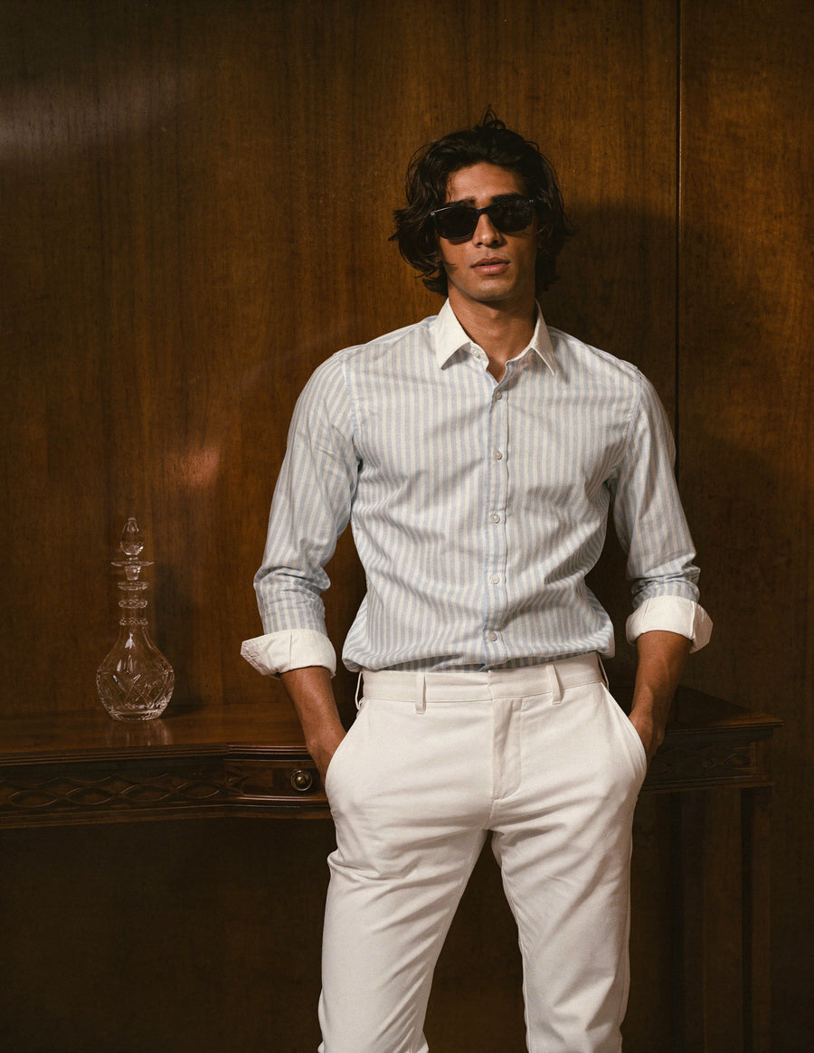 Striped Light Blue Contrast Collar Shirt - Image 1