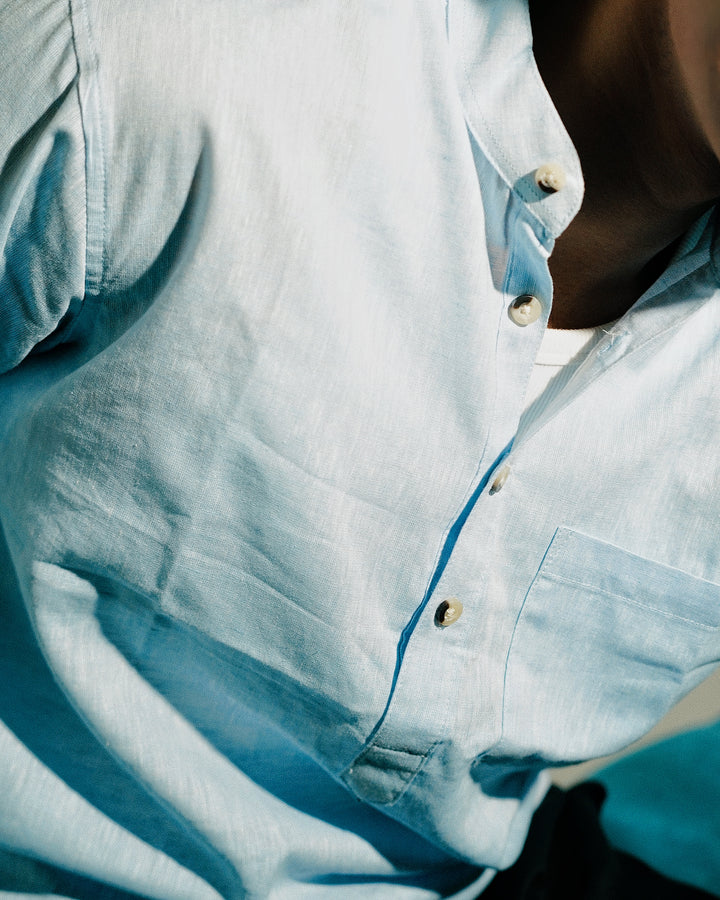 Light Blue Linen Henley Shirt Shirt with European Collar