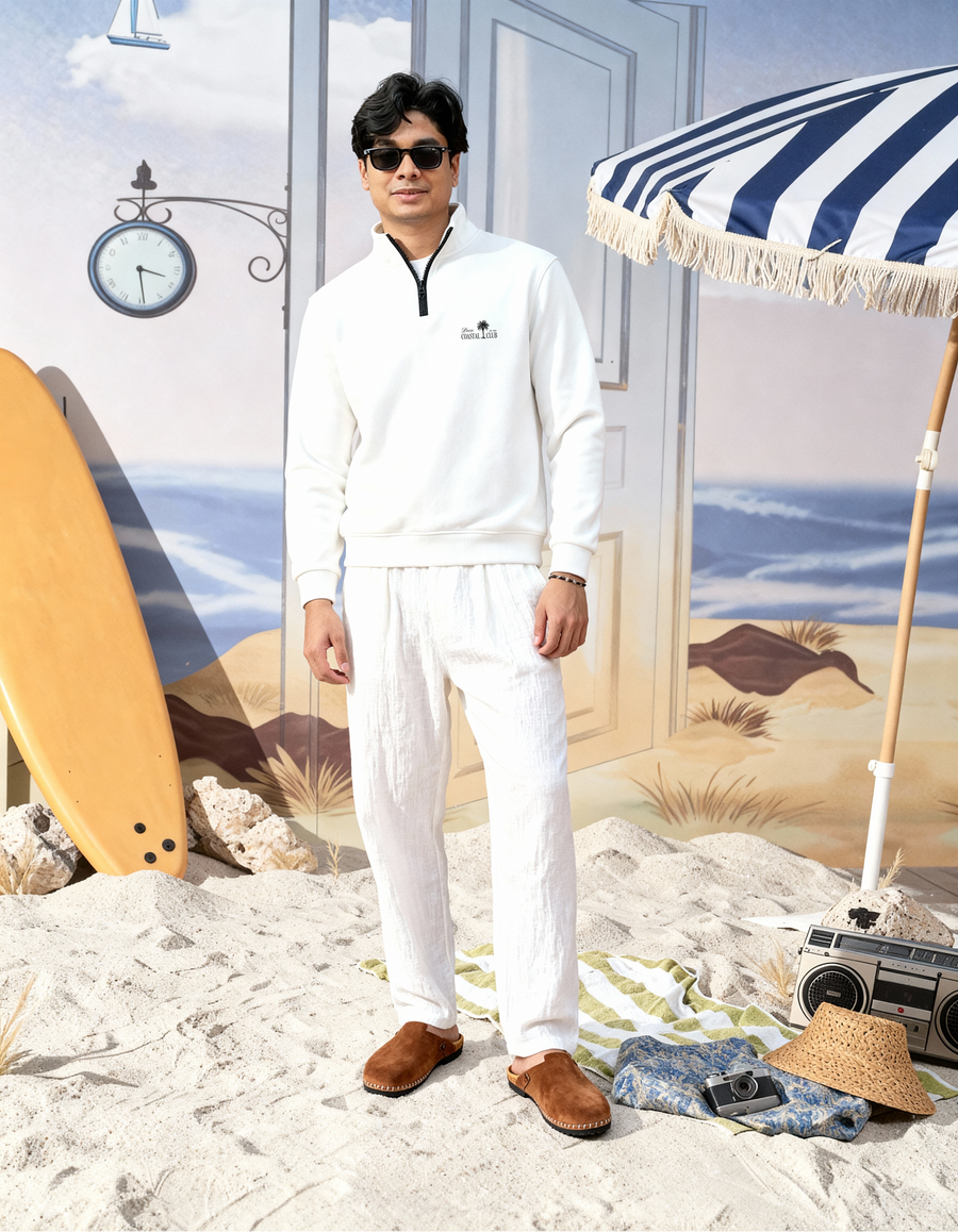 Deco Coastal Club Fleece Quarter Zip - White