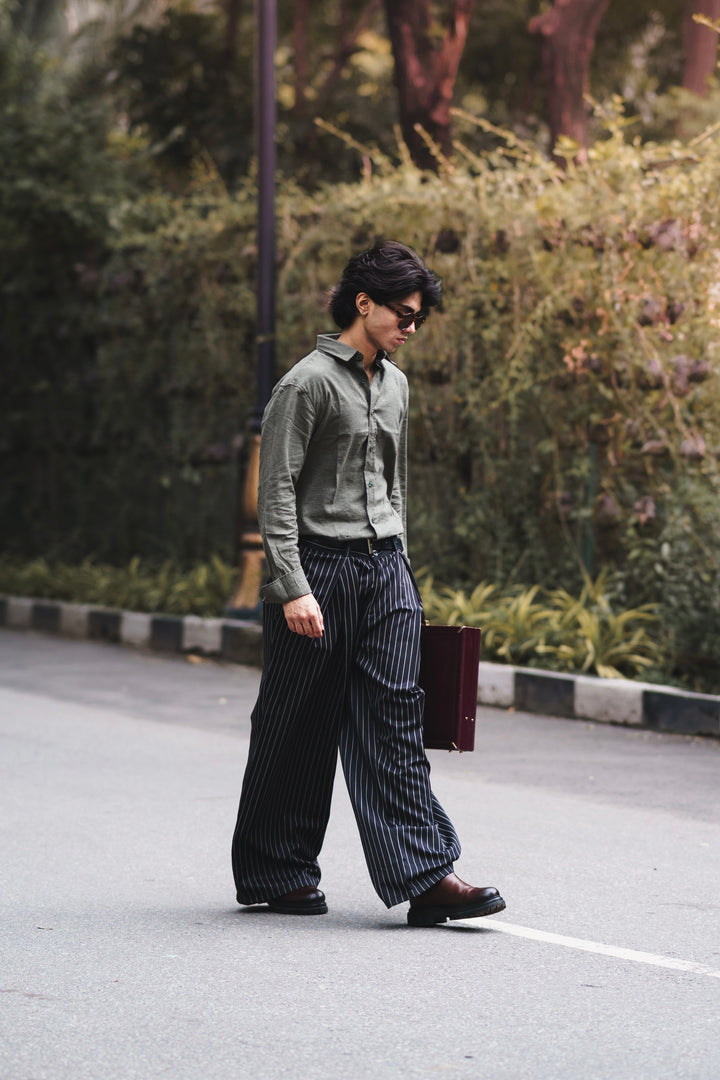 Olive Green Linen Shirt with European Collar