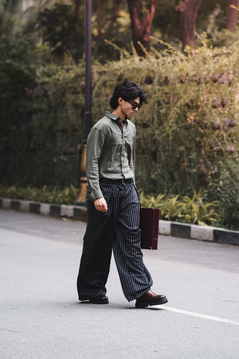 Olive Green Linen Shirt with European Collar
