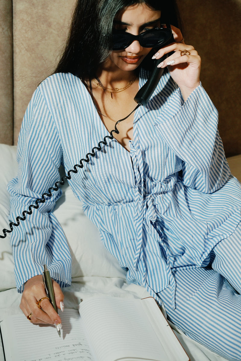 Women's Striped Set (Top + Bottom) - Blue