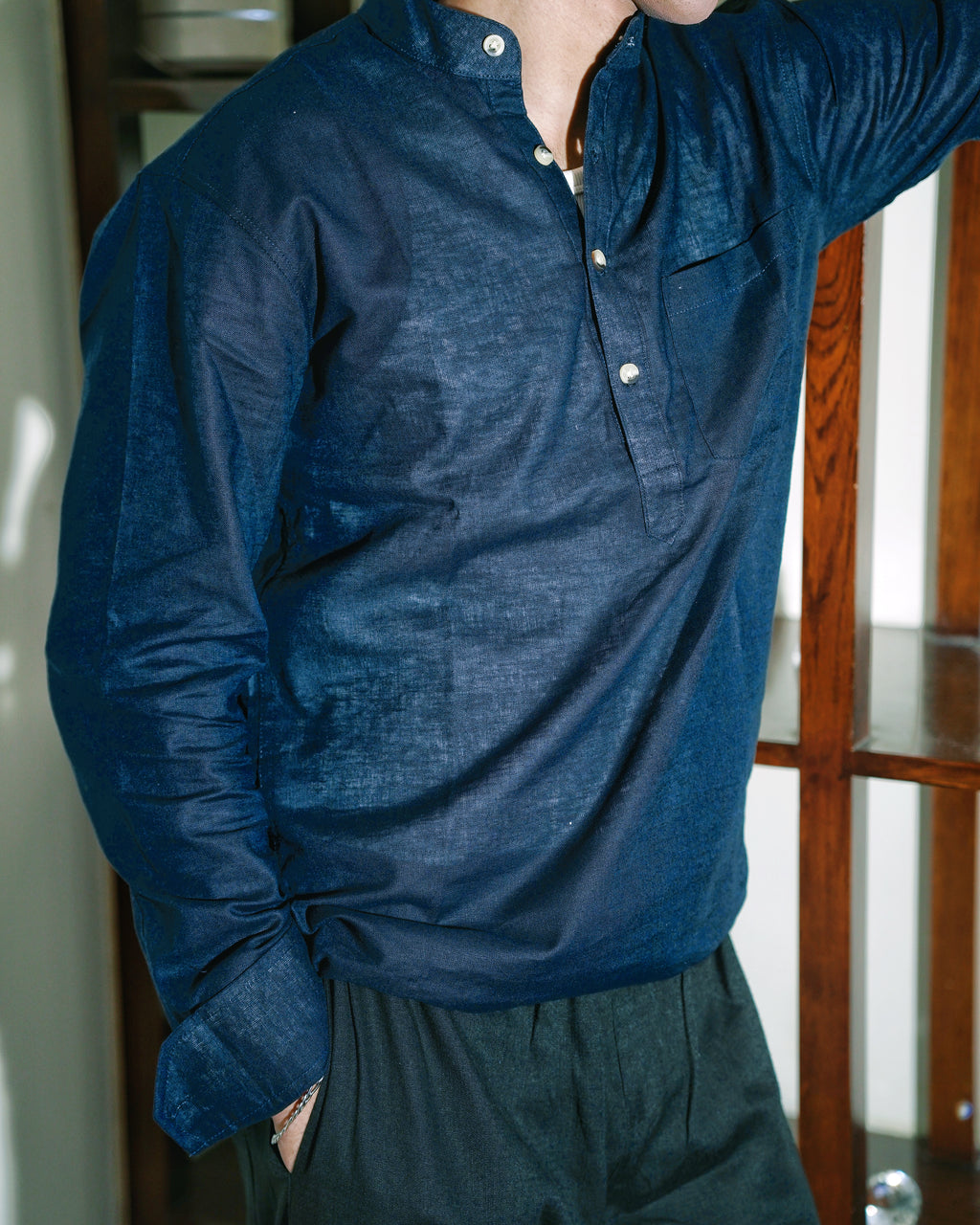 Navy Blue Linen Henley with European Collar