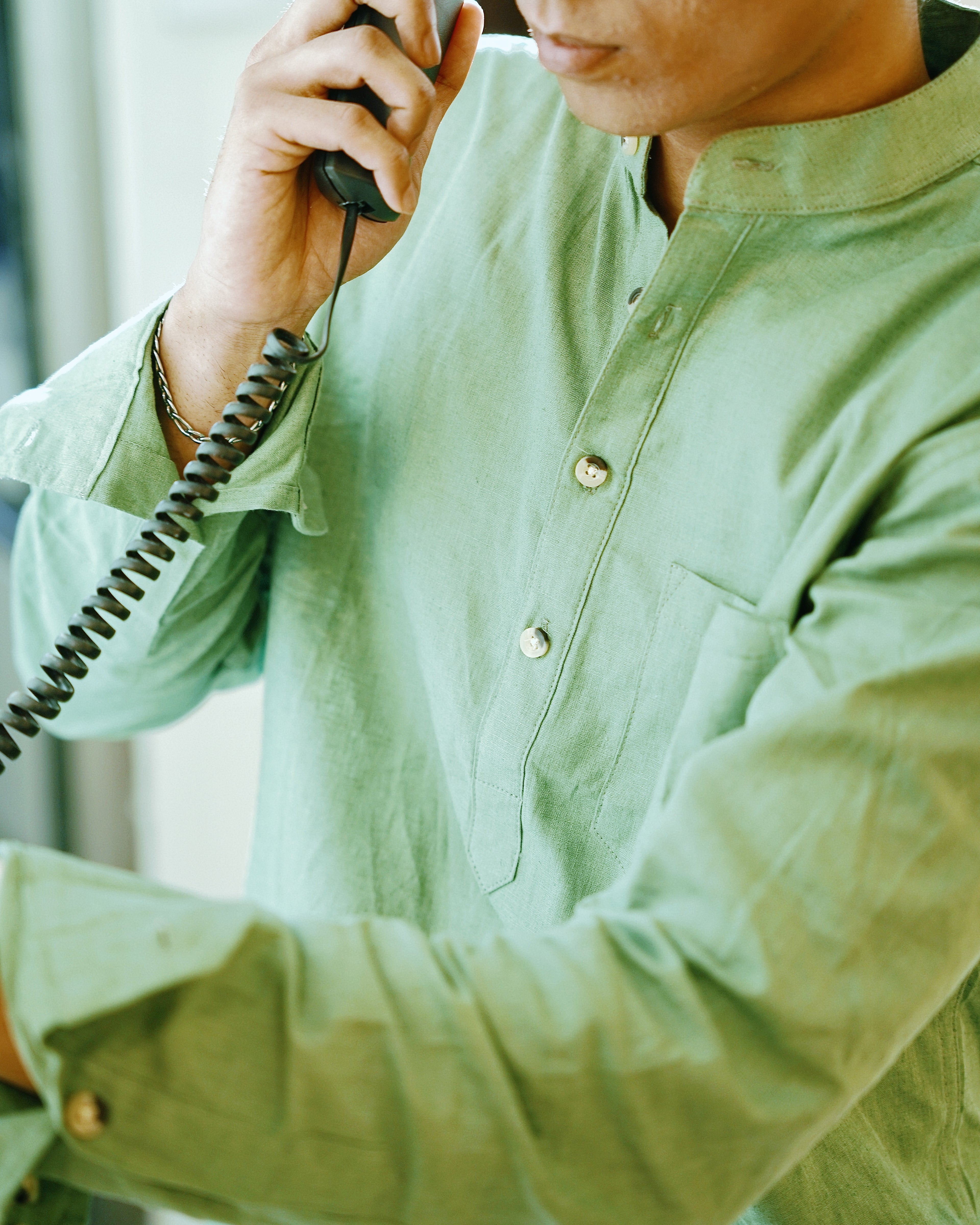 Sage Green Linen Henley with European Collar