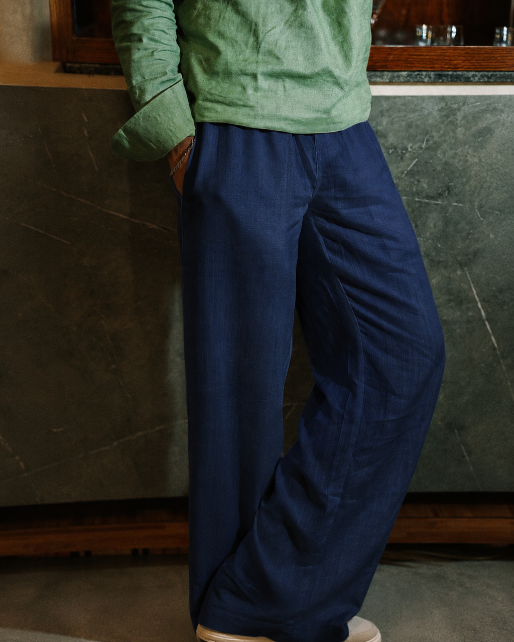 Unisex Wide-Legged Linen Pants - Navy Blue